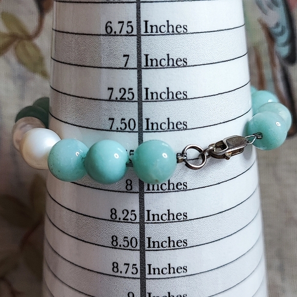 Amazonite Stone Potato Pearls Sterling Clasp Wired Artisan Bracelet - Picture 4 of 15